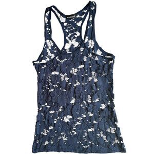 Wet Seal 2000s Y2K Lace Distressed Floral Navy Racerback Tank Sz M Whimsigoth